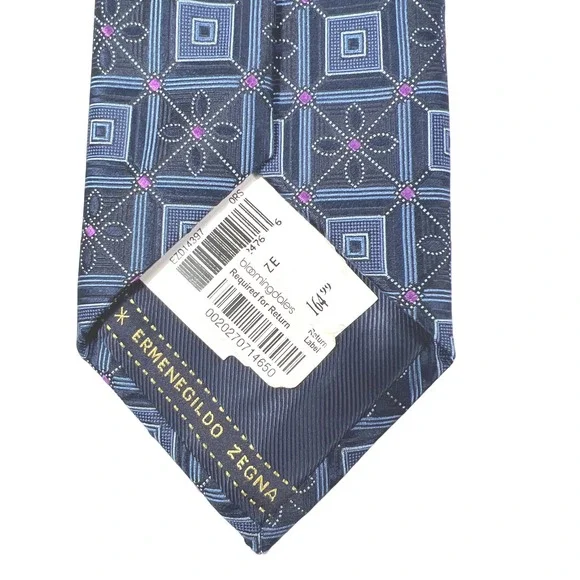 Ermenegildo Zegna Silk Tie Navy Blue Geometric Floral Lux Made in Italy NWT $165